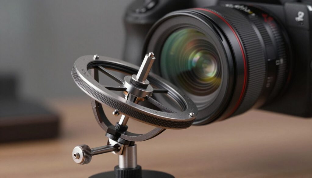 A vivid illustration of a gyroscope mechanism in action, showcasing its role in image stabilization. In the foreground, prominently display a high-tech gyroscope, intricately detailed with metallic textures and subtle reflections, capturing the essence of precision engineering. The middle ground features a partially transparent camera lens, illustrating how the gyroscope integrates with modern photographic technology, hinting at high-definition video capture. The background should depict a blurred motion scene, implying movement and the stabilization effect achieved through the gyroscope, illuminated by soft ambient lighting to create a professional atmosphere. The overall mood should be one of innovation and technological advancement, with a focus on clarity and sophistication.