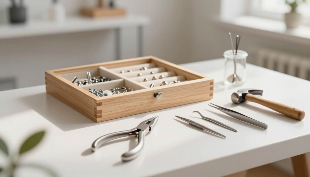A well-arranged workspace showcasing professional jewelry tools for removing earrings. In the foreground, display a set of precision pliers, tweezers, a small hammer, and specialized earring backing removers, all made of polished stainless steel, reflecting soft, ambient lighting. In the middle, include a neatly organized wooden jewelry box, partially open, revealing various sizes of earring backs and small screws. The background features a soft-focus view of a clean, bright workshop with minimalistic shelves holding additional tools, providing a sense of professionalism and order. The atmosphere is calm and focused, with natural light streaming in, casting gentle shadows, suggesting a serene environment for delicate jewelry work. A well-arranged workspace showcasing professional jewelry tools for removing earrings. In the foreground, display a set of precision pliers, tweezers, a small hammer, and specialized earring backing removers, all made of polished stainless steel, reflecting soft, ambient lighting. In the middle, include a neatly organized wooden jewelry box, partially open, revealing various sizes of earring backs and small screws. The background features a soft-focus view of a clean, bright workshop with minimalistic shelves holding additional tools, providing a sense of professionalism and order. The atmosphere is calm and focused, with natural light streaming in, casting gentle shadows, suggesting a serene environment for delicate jewelry work.