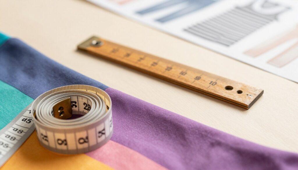 A well-lit, educational image showcasing a professional setting for measuring hip circumference. In the foreground, a measuring tape is draped over a smooth, colorful fabric, symbolizing clothing and its fit. In the middle, a vintage wooden measuring tool rests beside the tape, with precise markings clearly visible. A neutral-colored background features subtle elements like a clothing pattern or fabric swatches, ensuring focus remains on the measuring tools. Soft, diffused lighting creates a warm atmosphere, emphasizing attention to detail. The image conveys a sense of professionalism and accuracy, ideal for illustrating common mistakes in measurement techniques. A well-lit, educational image showcasing a professional setting for measuring hip circumference. In the foreground, a measuring tape is draped over a smooth, colorful fabric, symbolizing clothing and its fit. In the middle, a vintage wooden measuring tool rests beside the tape, with precise markings clearly visible. A neutral-colored background features subtle elements like a clothing pattern or fabric swatches, ensuring focus remains on the measuring tools. Soft, diffused lighting creates a warm atmosphere, emphasizing attention to detail. The image conveys a sense of professionalism and accuracy, ideal for illustrating common mistakes in measurement techniques.