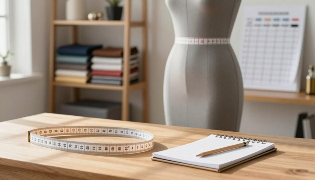 A well-lit indoor setting featuring a stylishly organized space for measuring body dimensions. In the foreground, a professional measuring tape is draped gracefully over a sleek wooden table, alongside a notepad and a pencil. The middle ground displays a mannequin dressed in a fitted garment, showcasing the importance of accurate hip measurements. The background consists of soft-focus shelves stocked with fabric swatches, sizing charts, and accessories that convey a sense of preparation for fitting clothes. Natural light streams in through a nearby window, casting gentle shadows that create a warm and inviting atmosphere, emphasizing the meticulousness of the measuring process. The overall mood is educational and encouraging, inspiring readers to take the necessary steps to ensure proper fitting. A well-lit indoor setting featuring a stylishly organized space for measuring body dimensions. In the foreground, a professional measuring tape is draped gracefully over a sleek wooden table, alongside a notepad and a pencil. The middle ground displays a mannequin dressed in a fitted garment, showcasing the importance of accurate hip measurements. The background consists of soft-focus shelves stocked with fabric swatches, sizing charts, and accessories that convey a sense of preparation for fitting clothes. Natural light streams in through a nearby window, casting gentle shadows that create a warm and inviting atmosphere, emphasizing the meticulousness of the measuring process. The overall mood is educational and encouraging, inspiring readers to take the necessary steps to ensure proper fitting.