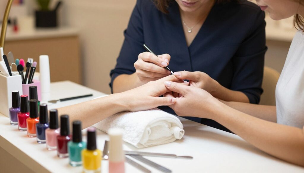 A well-lit salon interior focusing on a manicure station, prominently featuring a client receiving a hybrid manicure. In the foreground, a close-up view of neatly arranged manicure tools such as nail polish bottles, buffers, and files, highlighting a vibrant array of colors. In the middle, a technician, dressed in professional attire, attentively applies polish to the client's nails, showcasing various factors influencing manicure pricing like quality of products, expert skill level, and additional services offered. The background softly blurs out, creating an inviting atmosphere with warm lighting and elegant decor, capturing the essence of a luxurious yet accessible salon experience. The image conveys a professional and contemporary mood, ideal for showcasing factors affecting manicure costs without distractions.