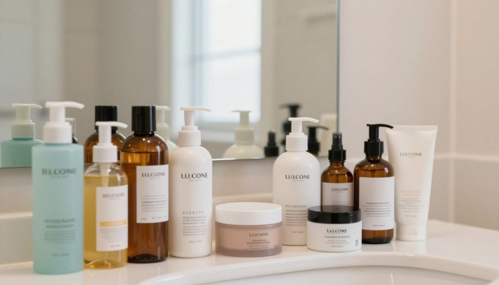 A well-organized bathroom vanity scene showcasing a variety of skincare products, clearly arranged in the incorrect order of application to illustrate common mistakes in skincare routines. The foreground features colorful bottles and jars labeled with product types like cleansers, toners, serums, and moisturizers, positioned haphazardly. In the middle, a mirror reflects a well-lit space with soft, natural lighting that highlights the textures of the products. In the background, a neutral-toned wall adds a calming atmosphere. The overall mood should be educational yet visually appealing, emphasizing clarity and organization to convey the importance of proper product layering in skincare. The setting should be tidy and professional, evoking a sense of trust in skincare practices.