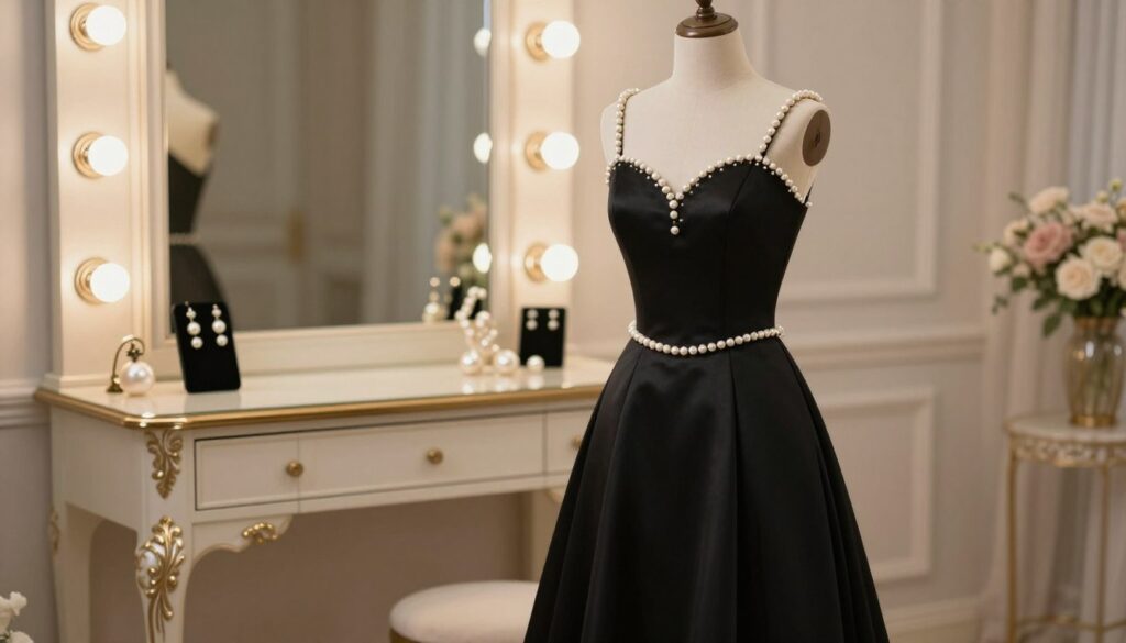 An elegant black dress adorned with lustrous pearls, showcasing a timeless charm, takes center stage in a softly lit, sophisticated setting. In the foreground, the dress hangs gracefully on a vintage-style mannequin, its fabric flowing gently to emphasize its silhouette. Surrounding the dress, a selection of elegant pearl earrings highlights the theme of accessorizing with pearls. The middle ground features a stylish vanity table with soft lighting reflecting off polished surfaces, creating a warm and inviting atmosphere. In the background, a softly blurred romantic setting with faint silhouettes of delicate floral arrangements enhances the elegance. The overall mood is luxurious and refined, perfect for upscale events like weddings or formal outings, captured from a slightly elevated angle to convey depth. An elegant black dress adorned with lustrous pearls, showcasing a timeless charm, takes center stage in a softly lit, sophisticated setting. In the foreground, the dress hangs gracefully on a vintage-style mannequin, its fabric flowing gently to emphasize its silhouette. Surrounding the dress, a selection of elegant pearl earrings highlights the theme of accessorizing with pearls. The middle ground features a stylish vanity table with soft lighting reflecting off polished surfaces, creating a warm and inviting atmosphere. In the background, a softly blurred romantic setting with faint silhouettes of delicate floral arrangements enhances the elegance. The overall mood is luxurious and refined, perfect for upscale events like weddings or formal outings, captured from a slightly elevated angle to convey depth.