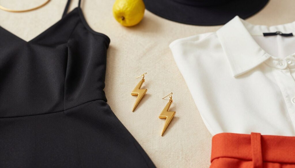 An elegant flat lay showcasing a variety of styles featuring lightning bolt earrings as the focal point. In the foreground, a pair of striking gold lightning bolt earrings glimmer under soft, natural light, emphasizing their bold design. Surrounding them are various modern outfit elements such as a sleek black dress, a chic white blouse, and colorful accessories that harmonize with the earrings, arranged in a visually appealing way. In the background, a subtle textured fabric provides depth without distracting from the main elements. The overall mood is stylish and energetic, capturing a contemporary fashion vibe, suggesting a fusion of elegance and boldness. The lighting is warm and inviting, creating a sense of sophistication. An elegant flat lay showcasing a variety of styles featuring lightning bolt earrings as the focal point. In the foreground, a pair of striking gold lightning bolt earrings glimmer under soft, natural light, emphasizing their bold design. Surrounding them are various modern outfit elements such as a sleek black dress, a chic white blouse, and colorful accessories that harmonize with the earrings, arranged in a visually appealing way. In the background, a subtle textured fabric provides depth without distracting from the main elements. The overall mood is stylish and energetic, capturing a contemporary fashion vibe, suggesting a fusion of elegance and boldness. The lighting is warm and inviting, creating a sense of sophistication.