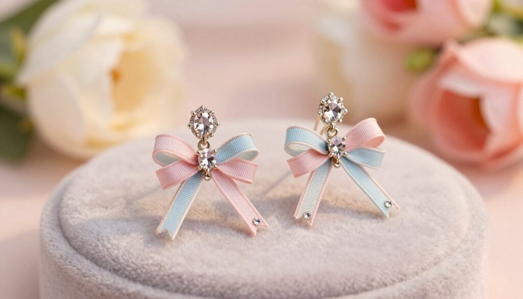 An elegant pair of "kokardki" earrings showcased in a delicate, soft-focus environment. In the foreground, the earrings are intricately designed with pastel-colored ribbons, tied into charming bows adorned with small sparkling gemstones. The middle of the composition features a plush velvet display, enhancing the luxurious feel of the earrings. In the background, a gentle blur of a floral arrangement provides a romantic atmosphere, with hints of soft pinks and whites. The lighting is warm and inviting, catching the facets of the gemstones, creating a dazzling effect. The overall mood is whimsical and feminine, evoking a sense of elegance and romance, perfect for showcasing this must-have accessory. An elegant pair of "kokardki" earrings showcased in a delicate, soft-focus environment. In the foreground, the earrings are intricately designed with pastel-colored ribbons, tied into charming bows adorned with small sparkling gemstones. The middle of the composition features a plush velvet display, enhancing the luxurious feel of the earrings. In the background, a gentle blur of a floral arrangement provides a romantic atmosphere, with hints of soft pinks and whites. The lighting is warm and inviting, catching the facets of the gemstones, creating a dazzling effect. The overall mood is whimsical and feminine, evoking a sense of elegance and romance, perfect for showcasing this must-have accessory.