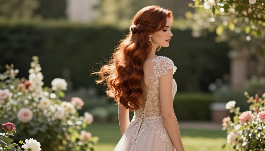 An elegant woman with long, flowing hair elegantly styled for a wedding. Her hair is a rich chestnut color, cascading in soft waves down her back. She is wearing a sophisticated, knee-length evening dress in a muted pastel shade, adorned with delicate lace details. The setting is a sunlit garden with blooming flowers in soft focus in the background, creating a serene and romantic atmosphere. The lighting is warm and inviting, casting gentle shadows that enhance the elegance of her hairstyle. Capture this scene from a slight angle to emphasize her hair and dress, while including lush greenery and subtle floral elements to frame the composition beautifully. The overall mood should evoke sophistication and timeless beauty suitable for a wedding celebration. An elegant woman with long, flowing hair elegantly styled for a wedding. Her hair is a rich chestnut color, cascading in soft waves down her back. She is wearing a sophisticated, knee-length evening dress in a muted pastel shade, adorned with delicate lace details. The setting is a sunlit garden with blooming flowers in soft focus in the background, creating a serene and romantic atmosphere. The lighting is warm and inviting, casting gentle shadows that enhance the elegance of her hairstyle. Capture this scene from a slight angle to emphasize her hair and dress, while including lush greenery and subtle floral elements to frame the composition beautifully. The overall mood should evoke sophistication and timeless beauty suitable for a wedding celebration.