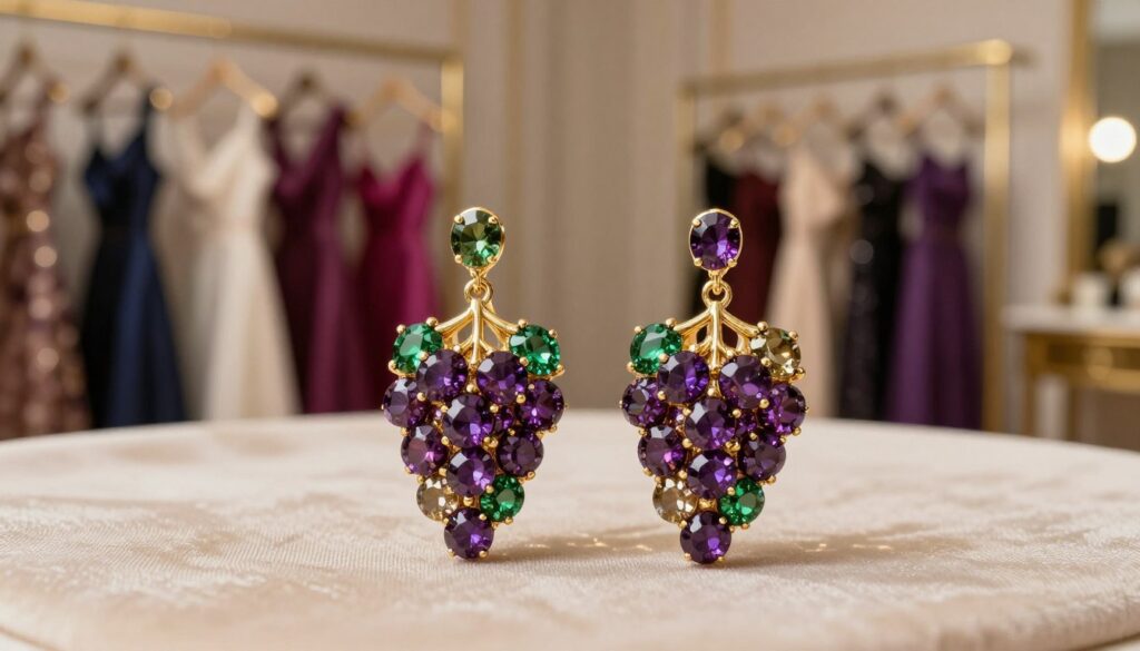 Delicate grape-shaped earrings, intricately designed with clusters of tiny gemstones resembling grapes, showcasing rich shades of deep purple, green, and shimmering gold. The foreground should feature these earrings elegantly placed against a soft, textured fabric background that complements their vibrant colors. In the middle, a blurred view of a stylish dress rack displays a variety of outfits that harmonize with the unique design of the earrings. The background should softly fade into a luxurious, softly lit room, enhancing the elegant atmosphere. The lighting is warm and inviting, casting gentle shadows to add depth. The mood is sophisticated and artistic, inspiring a sense of individuality and character in fashion accessories.