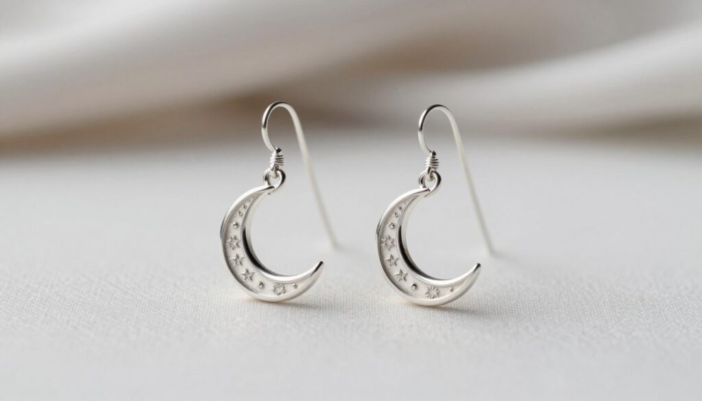 Elegant and modern silver earrings inspired by celestial themes, featuring intricate crescent moon designs embellished with delicate patterns. The earrings should be showcased prominently in the foreground, with a softly blurred background of a minimalist, light-colored fabric to enhance the jewelry's shine. Lighting should be soft and diffused, highlighting the reflective surfaces of the silver and creating a gentle glow around the pieces. Capture the earrings from a slightly elevated angle to emphasize their details and elegance. The mood should be sophisticated and contemporary, reflecting an artistic approach to traditional jewelry forms, appealing to fans of subtle yet striking accessories. No text or additional elements should distract from the beautiful design. Elegant and modern silver earrings inspired by celestial themes, featuring intricate crescent moon designs embellished with delicate patterns. The earrings should be showcased prominently in the foreground, with a softly blurred background of a minimalist, light-colored fabric to enhance the jewelry's shine. Lighting should be soft and diffused, highlighting the reflective surfaces of the silver and creating a gentle glow around the pieces. Capture the earrings from a slightly elevated angle to emphasize their details and elegance. The mood should be sophisticated and contemporary, reflecting an artistic approach to traditional jewelry forms, appealing to fans of subtle yet striking accessories. No text or additional elements should distract from the beautiful design.
