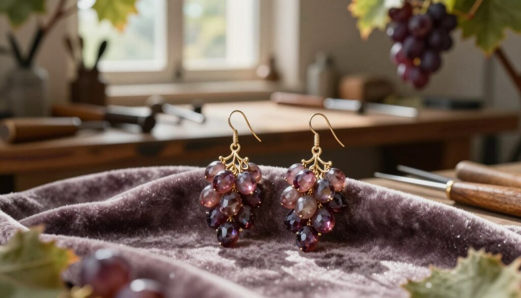 Elegant, handcrafted grape earrings showcasing intricate design and rich materials. In the foreground, the earrings are draped on a soft velvet cloth, highlighting their shimmering gemstones and delicate metalwork. The middle layer features a softly blurred artisan workshop, filled with tools and hints of natural light filtering through a window, emphasizing the craftsmanship behind the jewelry. The background hints at natural elements like grape vines, introducing an organic feel. The lighting is warm and inviting, casting gentle shadows that enhance the earrings' details. The mood is sophisticated and artisanal, celebrating the beauty of bespoke jewelry that stands out with character and elegance.