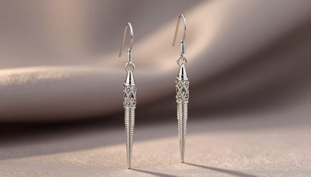 Elegant long silver surgical steel earrings, gracefully hanging with intricate designs that reflect light beautifully. The earrings should be positioned prominently in the foreground, showcasing their polished surface and shimmering details. The middle ground features a softly blurred, luxurious fabric background in muted tones that enhance the elegance of the jewelry. Warm, diffused lighting highlights the earrings, casting gentle shadows that add depth and dimension. A close-up view from a slight angle emphasizes their craftsmanship while maintaining a sophisticated atmosphere. The overall mood should evoke a sense of timeless style and durability, suitable for both formal and casual occasions, without any distractions or clutter in the composition. Elegant long silver surgical steel earrings, gracefully hanging with intricate designs that reflect light beautifully. The earrings should be positioned prominently in the foreground, showcasing their polished surface and shimmering details. The middle ground features a softly blurred, luxurious fabric background in muted tones that enhance the elegance of the jewelry. Warm, diffused lighting highlights the earrings, casting gentle shadows that add depth and dimension. A close-up view from a slight angle emphasizes their craftsmanship while maintaining a sophisticated atmosphere. The overall mood should evoke a sense of timeless style and durability, suitable for both formal and casual occasions, without any distractions or clutter in the composition.