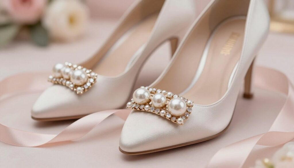 Elegant shoe clips adorned with lustrous pearls, showcasing a sophisticated design that transforms ordinary footwear into stunning fashion statements. The foreground features the clips sparkling under soft, diffused lighting, highlighting the pearly accents and intricate details of the accessory. The middle ground includes a stylish pair of heels, elegantly positioned to emphasize the clips, with a delicate satin ribbon intertwining for a romantic touch. The background is softly blurred, depicting a luxurious setting with muted pastel colors and gentle bokeh effects, enhancing the dreamy atmosphere. The overall mood is refined and romantic, suitable for a fashion article. The composition has a slight overhead angle to showcase the accessories prominently, evoking a sense of elegance and charm. Elegant shoe clips adorned with lustrous pearls, showcasing a sophisticated design that transforms ordinary footwear into stunning fashion statements. The foreground features the clips sparkling under soft, diffused lighting, highlighting the pearly accents and intricate details of the accessory. The middle ground includes a stylish pair of heels, elegantly positioned to emphasize the clips, with a delicate satin ribbon intertwining for a romantic touch. The background is softly blurred, depicting a luxurious setting with muted pastel colors and gentle bokeh effects, enhancing the dreamy atmosphere. The overall mood is refined and romantic, suitable for a fashion article. The composition has a slight overhead angle to showcase the accessories prominently, evoking a sense of elegance and charm.