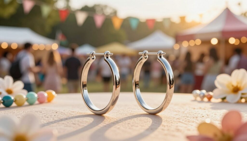 Elegant stainless steel hoop earrings, glistening under warm festival lights, are showcased prominently in the foreground, reflecting a polished shine. The earrings are displayed on a soft, textured surface, surrounded by subtle hints of summer-themed accessories like colorful beads and delicate flowers. In the middle ground, a blurred view of a lively outdoor festival setting is visible, with people dressed in stylish, casual summer clothing, enjoying the atmosphere, evoking a sense of joy and celebration. The background features soft green trees and vibrant festival decorations, bathed in golden hour sunlight, creating a cheerful, inspiring mood. The composition is shot with a soft focus to emphasize the earrings while maintaining a lively yet elegant atmosphere, ideal for summer styling inspiration. Elegant stainless steel hoop earrings, glistening under warm festival lights, are showcased prominently in the foreground, reflecting a polished shine. The earrings are displayed on a soft, textured surface, surrounded by subtle hints of summer-themed accessories like colorful beads and delicate flowers. In the middle ground, a blurred view of a lively outdoor festival setting is visible, with people dressed in stylish, casual summer clothing, enjoying the atmosphere, evoking a sense of joy and celebration. The background features soft green trees and vibrant festival decorations, bathed in golden hour sunlight, creating a cheerful, inspiring mood. The composition is shot with a soft focus to emphasize the earrings while maintaining a lively yet elegant atmosphere, ideal for summer styling inspiration.